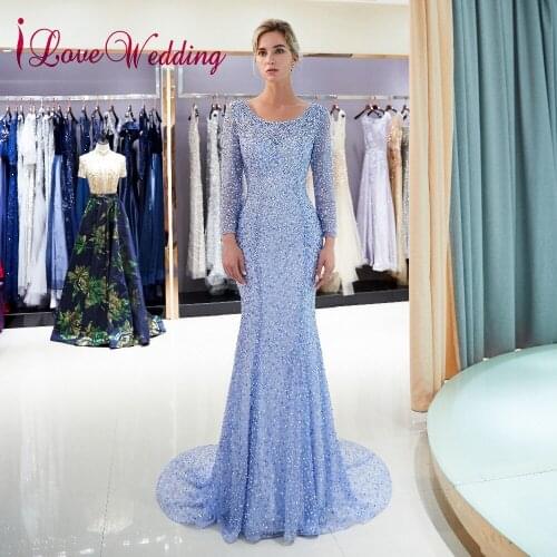 ILoveWedding Most Beautiful Long Sleeves Evening Gowns Lilac Tulle Beadings Sexy O Back Mermaid Evening Dresses