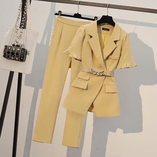 High-end Professional OL Pant Suits Fashion 2 Piece Set for Women Double Breasted Short Sleeve Blazer & Trouser Office Lady Suit