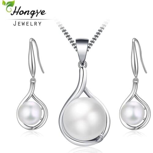 Hongye Popular Elegant 925 Sterling Silver White Freshwater Pearl Jewelry Set for Women Girl Pendant Necklace & Earrings Cheap