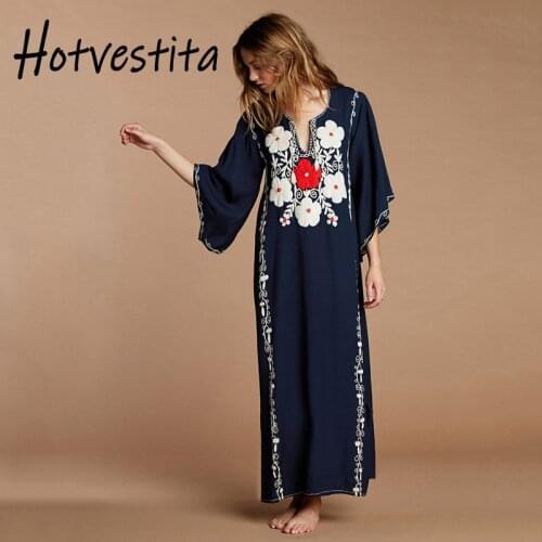 SOGA DRESS Kaftan Dress Beach Trumpet Sleeve Summer Dress Embroidered Tassels Bow Tie Tunic Women Sarong Loose Beachwrap Coverup