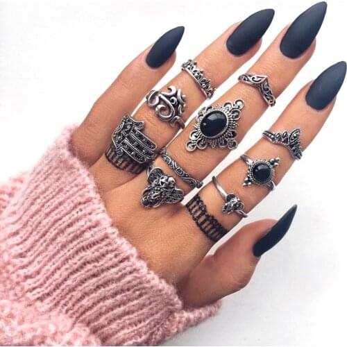 10 Pcs/set Bohemian Retro Elephant Crown Flower Black Adjustable Ring Vintage Jewelry Accessories Rings For Women