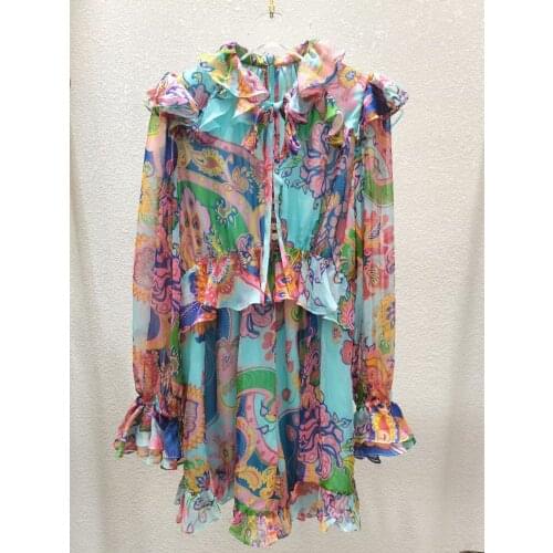 100% Silk Paisley Print Flare Lantern Long Sleeved 2021 Summer Collection Bohemian Design Chiffon Jumpsuit