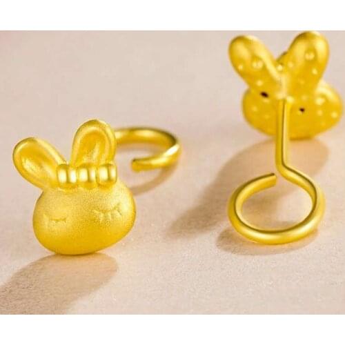 Pure 24K Yellow Gold Earrings Women 999 Gold Cute Bunny Stud Earrings