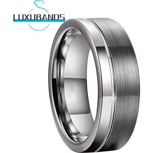 8MM Tungsten Wedding Bands For Men Wemen Offset Lines Brushed Engagement Rings Polished Finished Comfort Fit