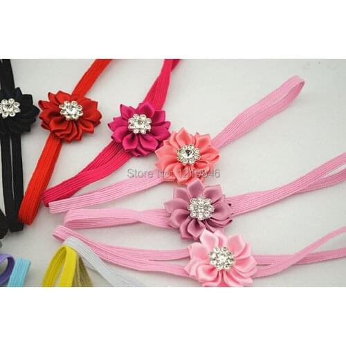 Girls Satin Ribbon Flower Headbands With rhinestone Center Kids wedding Headband 300pcs/lot mix color
