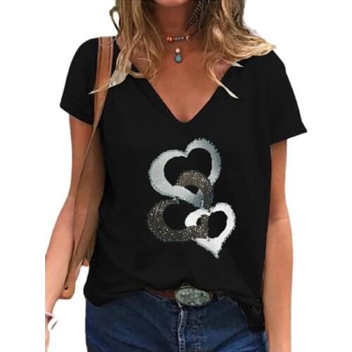 Summer Casual Fashion Cute Tops Women Heart Print T-shirt V Neck Shirt Loose Blouse Clothes Plus Size Harajuku Shirts Tee