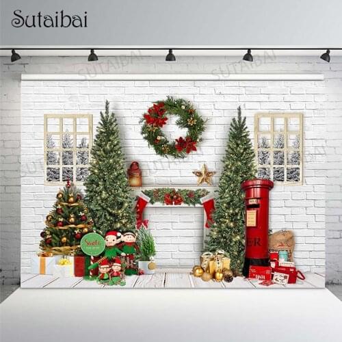Brick Wall Christmas Backdrop Photography Winter Xmas Trees Santa Window Background Fireplace Famliy Kids Portrait Photocall