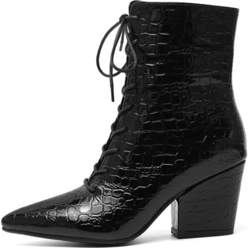 LOVIRS Womens Winner Warm Short Plush Fur Snake Black Spike Heel Ankle Boots Lace up Boot Shoes