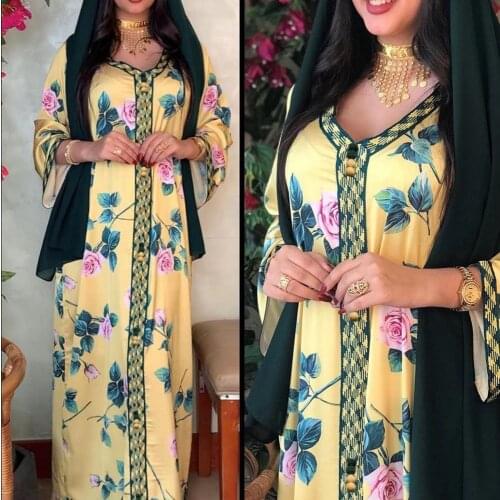 Muslim Abaya Dress Eid Jalabiya Print Flower 2021Loose Robe Islamic Clothing SummerMubarak Dubai Turkish Arabic Moroccan Kafta