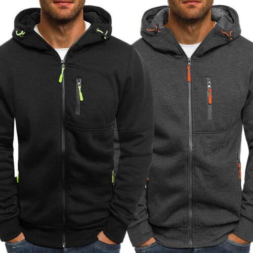 2021 Spring Autumn Mens Hoodies Slim Fit Hooded Sweatshirt Outwear Warm Coat Jacket Plain Zip Up Casual Coat Tops Black Gray