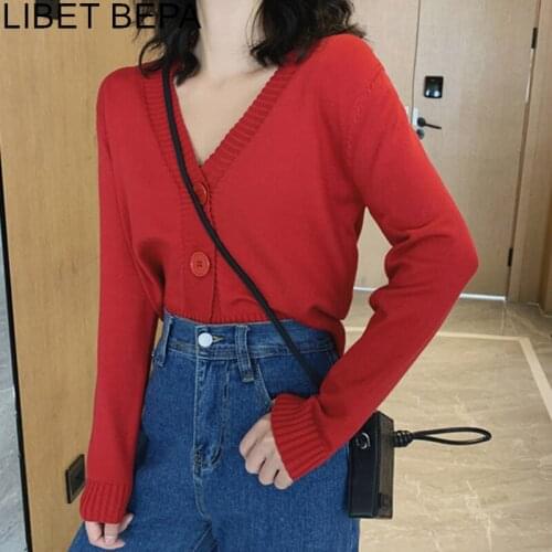 New 2021 Womens Sweaters Autumn Winter Fashionable Buttons Korean Style Cropped Cardigans Wild Lady Short Knitwear Tops SWC4316