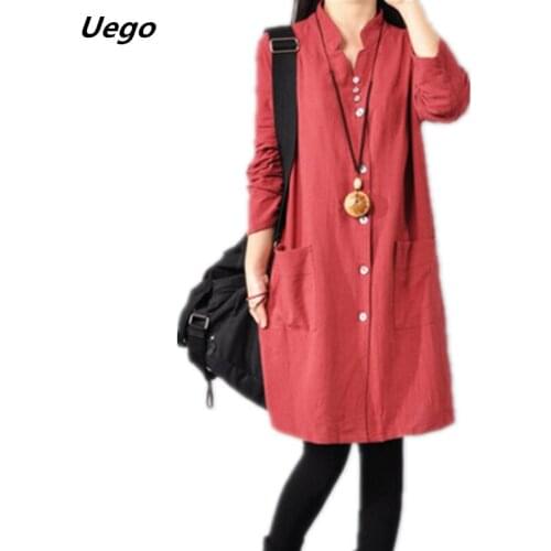 Uego Cotton Linen Long Sleeve Spring Dress V-neck Button Pockets Shirt Dress Plus Size Women Casual Midi Dress Female Vestidos