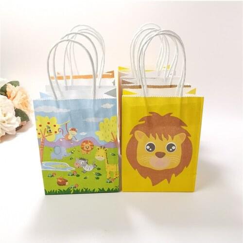 12pcs Jungle Safari Animals Gift Bag Handbag Kids Birthday Paper Bags Decoration Forest Theme Party Baby Shower Packaging Supply