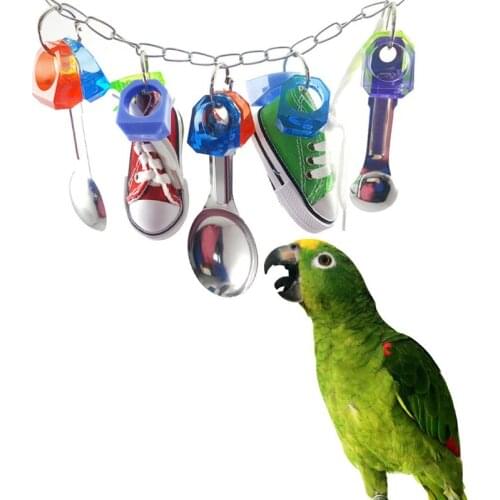 Parrot Bird Bite Toy Stainless Steel Spoon Scoop Sneakers Hanging Shoe String Toys