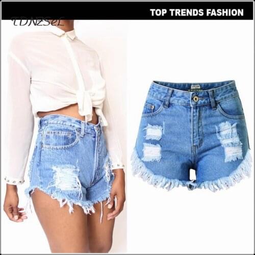 Casual Light Blue Ripped Hole Denim Shorts Women Summer Slim Mid Waist Tassel Mini Torn Jeans Shorts Spodenki Damskie Jeansowe