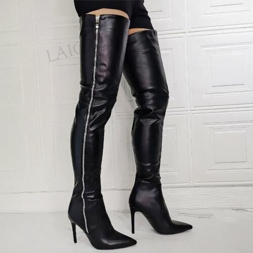 BERZIMER Women Thigh High Boots Black Side Zip High Heels Over Knee Boots Ladies Faux Leather Shoes Woman Large Size 41 43 45 47