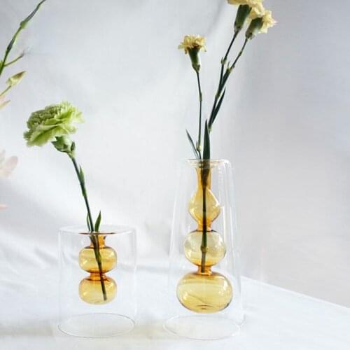 Nordic Ins Amber Hydroponic Double-Layer Glass Vase Ripple Vase Gourd Shape Dried Flower Vase Art Home Decoration Gift