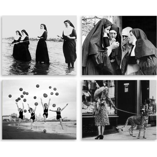 Nordic Black White Funny Nuns Fishing Poster Wall Art Vintage Canvas Painting Modular Print Picture Aesthetic Room Decor