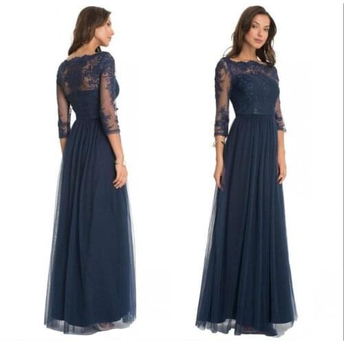 Vintage Dark Navy Lace Sheer Mother of the Bride Groom with Long Sleeves Floor Length Evening Wear Gowns robe de soirée de maria