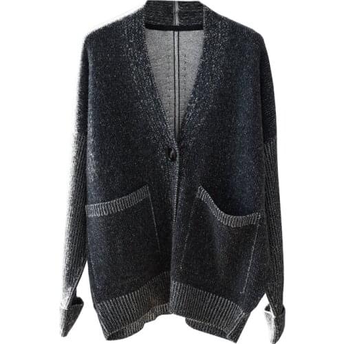 SHUCHAN England Style V-Neck Knit Cardigan Pockets Cashmere Sweater Oversized Single Breasted Solid Sweaters for Women