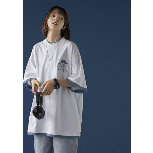 Women T-shirt Fake 2 Pieces Cartoon Print Short Sleeve Patchwork Loose 2021 Summer Korean New T-shirt Harajuku Ladies Streetwear