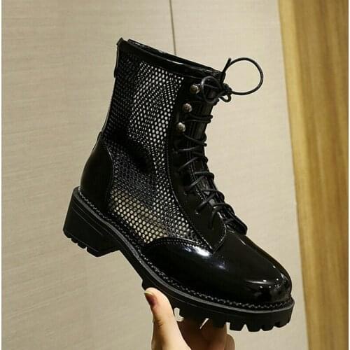 Platform Square Heel Women Summer Boots Mesh PU Leather Summer Women Ridding Boots Back Zipper Womans Shoes Plus Size 34-43