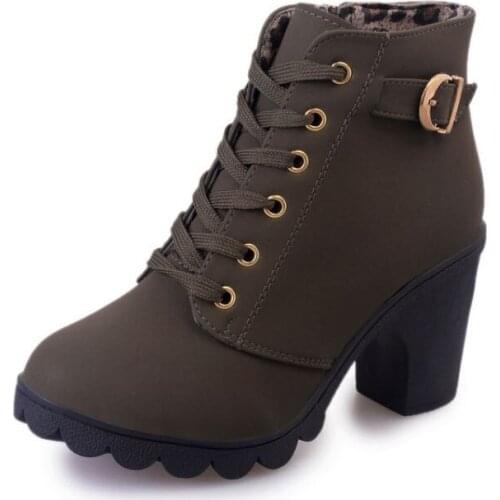 New Fashion Women Autumn Round Toe Lace Up Ankle Buckle Chunky High Heel Platform Knight Martin Boots