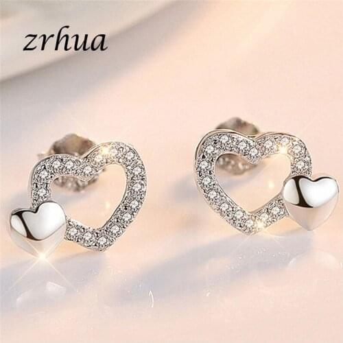 ZRHUA High-End 925 Sterling Silver Double Heart Exquisite Fashion Simple Stud Earrings For Women Hollow Jewelry Brincos