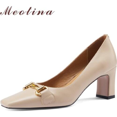 Meotina Square Toe High Heels Genuine Leather Women Shoes Block Heel Pumps Metal Decoration Female Footwear Beige Large Size 43