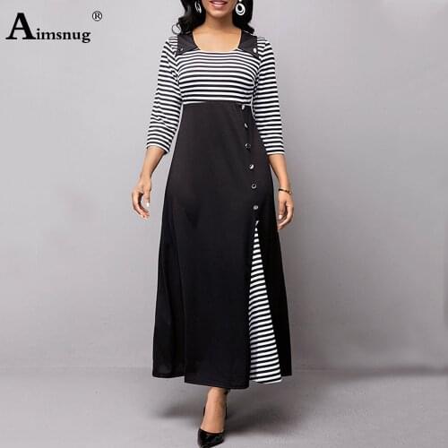 Plus size 4xl 5xl Women Elegant Long Maxi Dress Patchwork Stripe Print Party Dresses Irregular Femme Vintage Button A-Line Dress