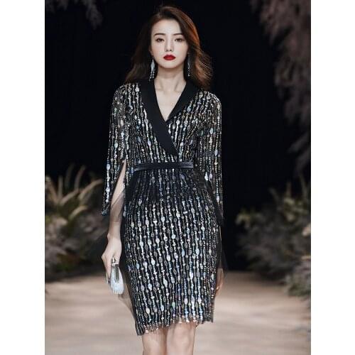 Vestidos Mujer Time-limited Polyester Dress Womens Dress Fashion Sequined Stitching V-neck Summer Noble Temperament 2020 New