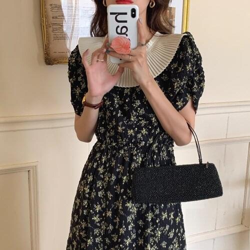 2021 New Women Summer Vintage Long Floral Dress Sashes Pleated Peter Pan Collar Slim Waist A-line Pullover Sundress