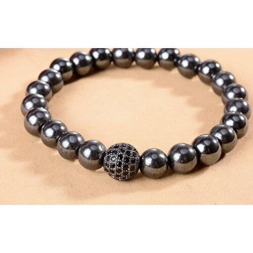 8mm uf3 gold silver ball micro pave cz zircon cubic zirconia elastic thread adjusted black Magnetite Stone bead Bracelet