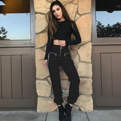 Harajuku Black Streetwear Zipper Women Casual Pants 2021 New Fashion Joggers Gothic Punk Grunge Harem Pants With Chains Female