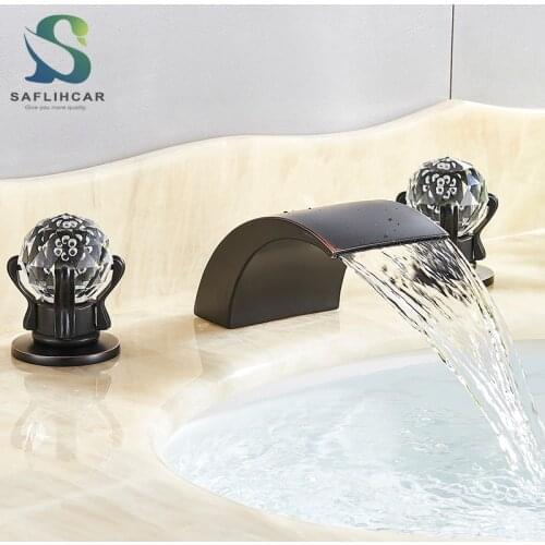 Black Bronze Basin Faucet Blue LED light Bathroom Waterfall Spout Hot & Cold Water Mixer Tap Dual Crystal ball Handle Sink Taps