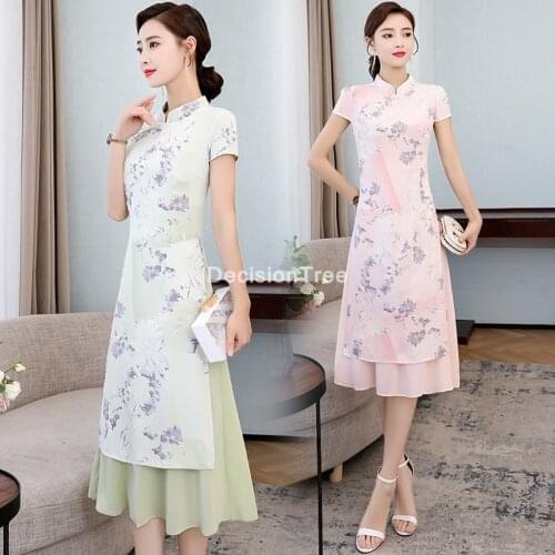 2021 vietnam style elegant lady flower print oriental qipao cheongsam mandarin collar aodai dress ao dai qipao chinese dress