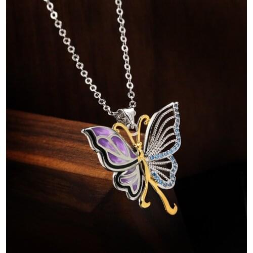 CIZEVA Bohema Enamel Jewelry Luxury 925 Silver Enamel Butterfly Pendant Necklace Female Choker Short Chain Sweater Necklace Gift