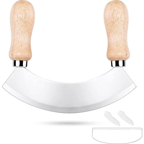 FQYL Chopping Knife, Herb Knife with 1 Stainless Steel Blade, Pizza Cutter with Wooden Handle for Chopping Herbs