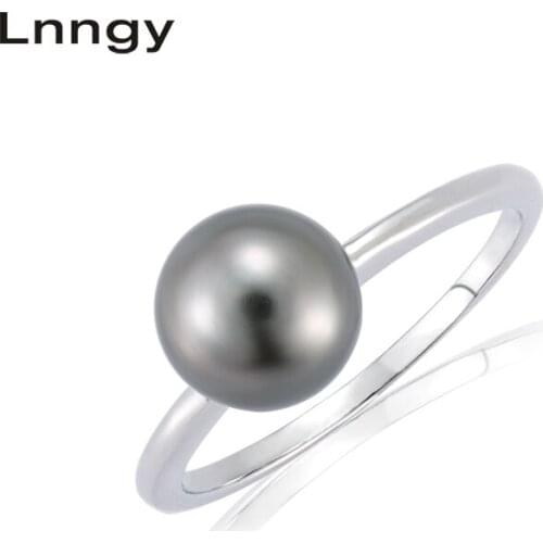 Lnngy Sterling Silver Tahitian Black Pearl Ring Wedding Engagement 8-9mm Natural Black Pearl Solitaire Ring Gift for Women