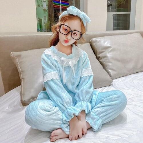 Cute Baby Girls Pajamas Flannel Velvet Sleepwear Suit Soft Warm Winter Night Clothes Lace 2pcs Sets Autumn Kid Girl Homewear New