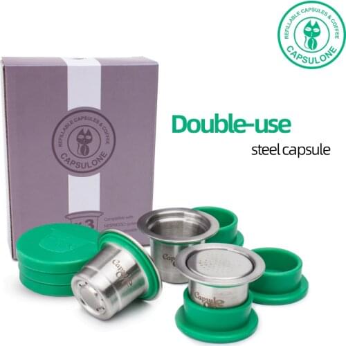 Capsulone Refillable Reusable Stainless Steel Coffee Capsulas Compatible with Nespresso Machines Maker 3 Pod +120 Seals