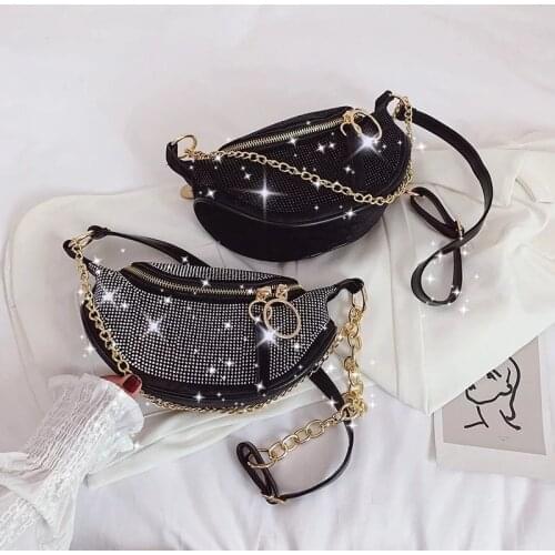 New Women Fashion Rhinestone Messenger Wild Tide Chest Bag Lady Waist Bag Chain Shoulder Bag