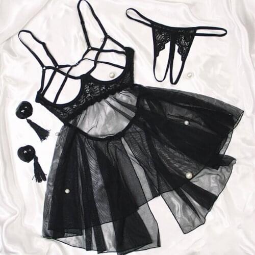 New Open Chest Sexy Babydoll Lingerie Women Suspender Nightdress Lace Mesh Seductive Nightgown Sleepwear Black Night Dress