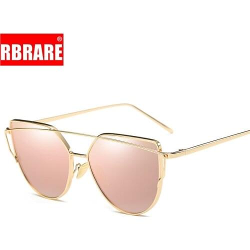 RBRARE 2021 Cat Eye Vintage Brand Designer Rose Gold Mirror Sunglasses For Women Metal Reflective Flat Sun Glasses Female Oculos