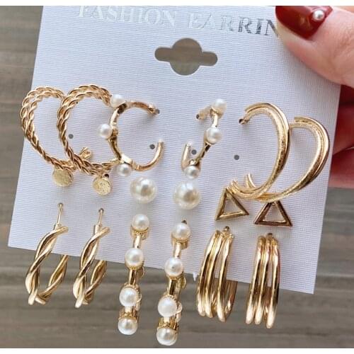 Vintage Gold Color Geometric Earrings Set Womens Girls Pearl Hoop Earrings Fashion Jewelry Unusual Earrings 2021 New Gift
