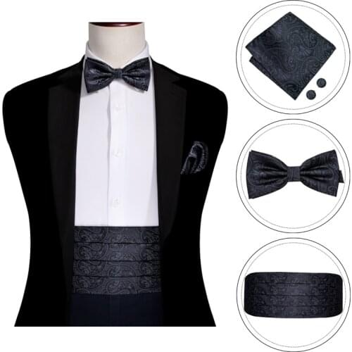 Silk Men Cummerbund Black Paisley Bow Tie Silk Floral Bowtie cket Square Cufflinks Set Cummerbund For Men Tuxedo Suit Barry.Wang