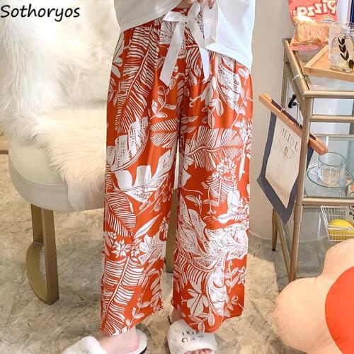 Wide Leg Sleep Bottoms Women Bow Baggy Printed Nightwear Cozy Ankle Length Pants Leisure Females Lounge Sweet Girls High Quality