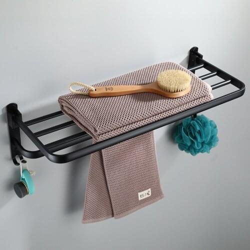 Fodable Towel rack with bar Black 39-59 CM Towel Rail with hooks Aluminum bathroom shelf accessories Wall Mounted towel holder