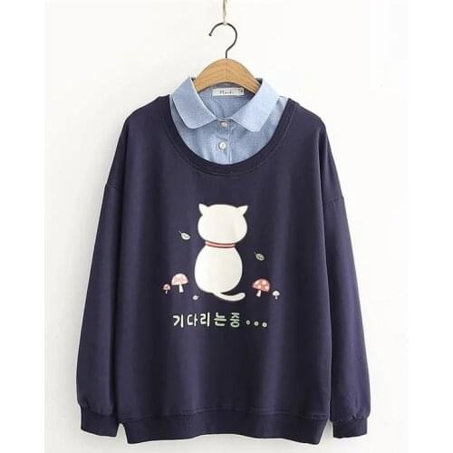 College Style Kawaii Cartoon Women Hoodie Teen Girl Cute Cat Anime Print Long Sleeve Sweatshirt Female Vintage Sweet Casual Pull