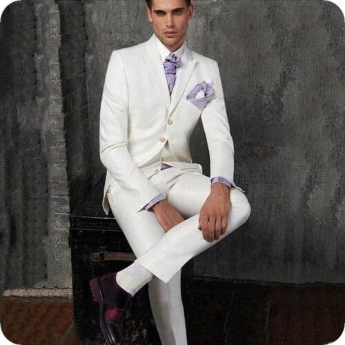 Vintage Ivory Wedding Men Suits Slim Fit Groom Wear Tuxedos 3 Pieces (Jacket+Pants+Vest) Bridegroom Suits Best Man